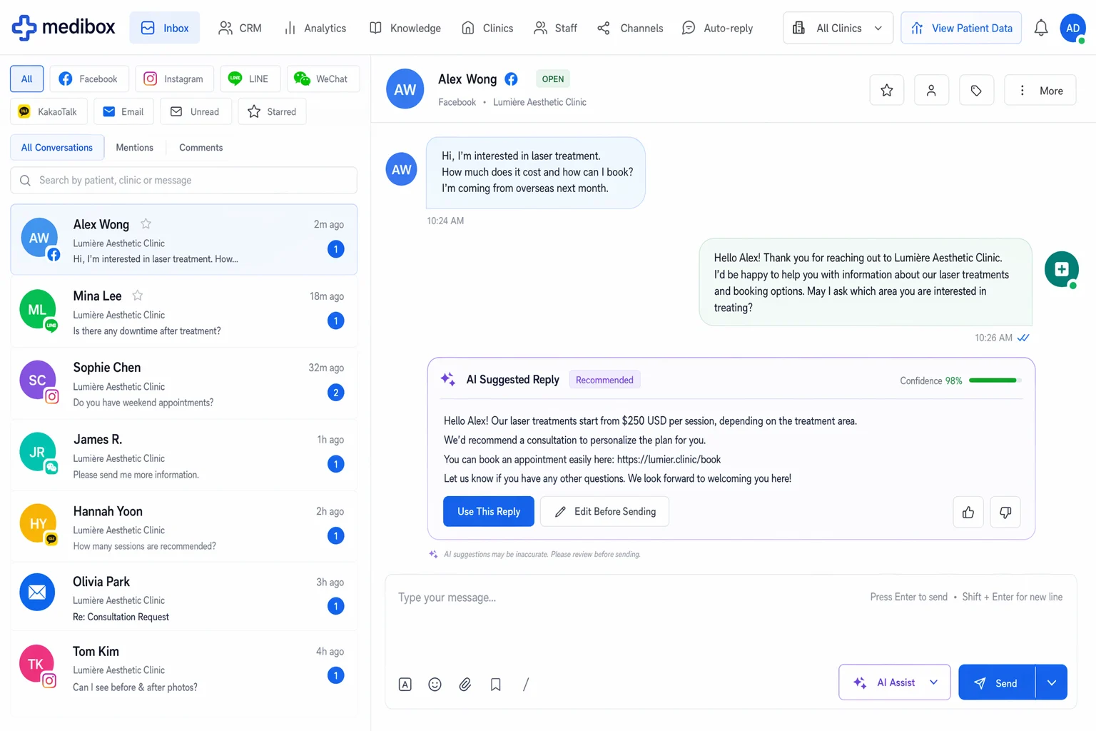 medibox unified inbox with an AI suggested reply